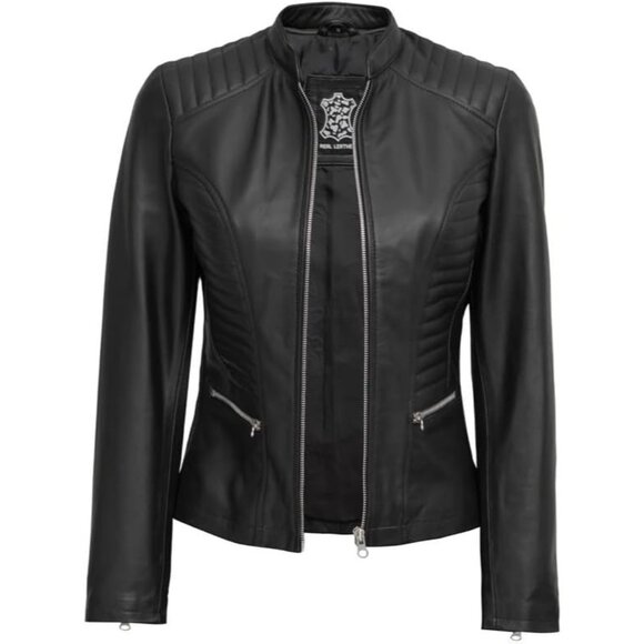 Women's Cafe Racer Style Real Leather Jackets Rachel Black Zipper Long Sleeves - Picture 2 of 6